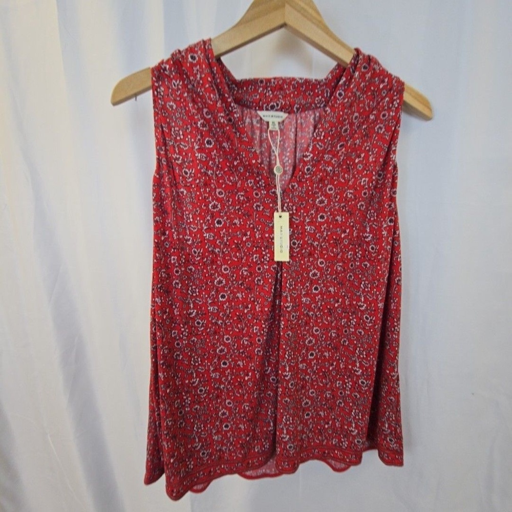 Max Studio Tank Top Womens XL Red Floral V Neck Sleeveless Jersey Tunic Summer
